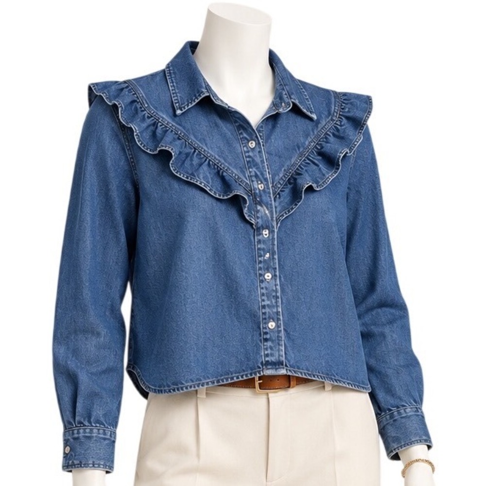 AMERICAN EAGLE Dark Denim Ruffle Blouse Shirt | Metal Buttons | Sz L